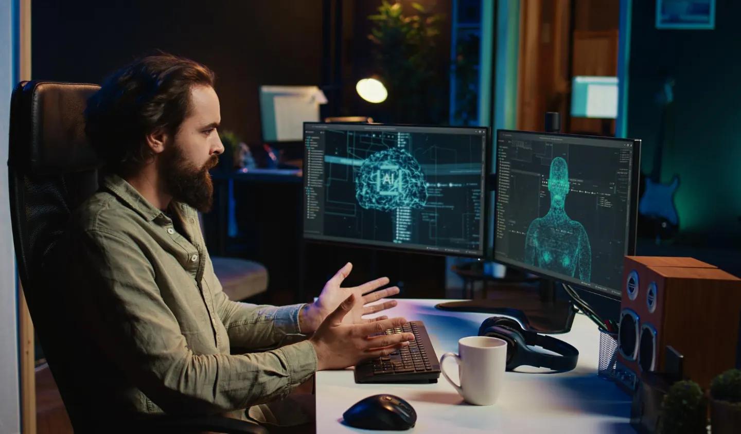 Professional reviewing technical displays at a workstation
